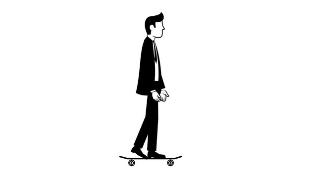 Man wearing black suit taking a ride on skateboard - looped animation with alpha channel