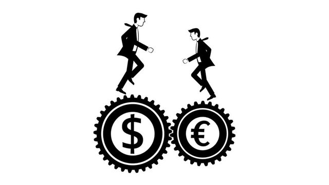 Two businessman running on gears with Dollar and Euro emblems. Looped animation with alpha channel.