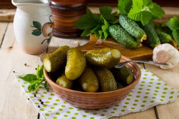 Marinated cucumbers gherkins. Marinated quickly salted cucumber on the kitchen table.