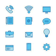Blue technology and communication related icon set over white background vector illustration