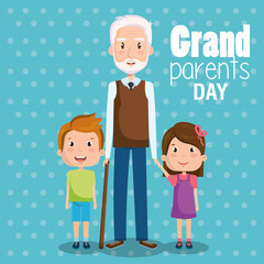 Grandpa and grandchildren with grandparents day sign over blue dotted background vector illustration