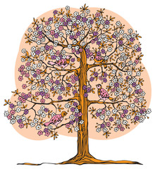 Hand drawn tree with birds, vector illustration