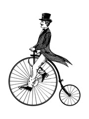 Man on retro vintage old bicycle engraving vector © Oleksandr Pokusai
