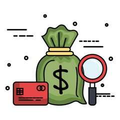 Money bag with credit card and magnifying glass over white background vector illustration