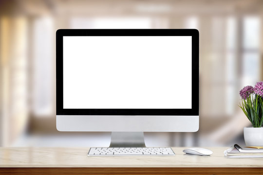  Mock up creative hipster desktop with blank white computer screen