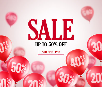 Sale red balloons vector banner. Flying red balloons with 50 percent off in a background for store marketing promotions and events. Vector illustration.
