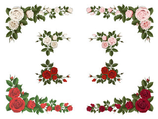 Set of bouquet roses different color for design greeting and wedding cards. Corner element.
