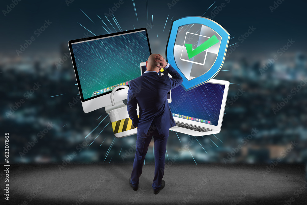 Aufkleber businessman in front of a wall with a shield symbol displayed on a futuristic interface - technology
