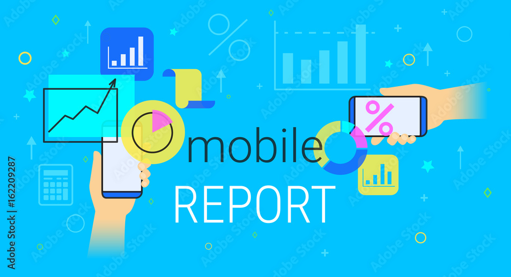 Poster mobile report and accounting on smartphone creative concept vector illustration. human hands hold sm