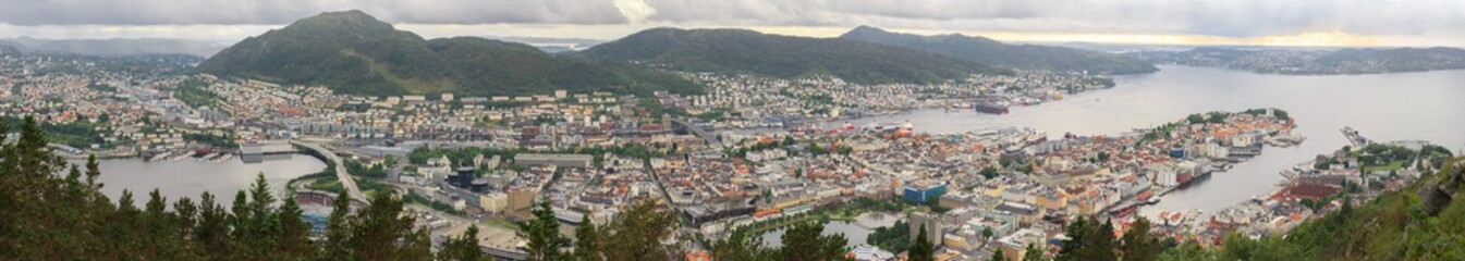 Fototapeta na wymiar Panoramic view of the beautifully situated Bergen, the second largest city in Norway. It is called the Fjord Gate and is listed as a UNESCO World Heritage Site