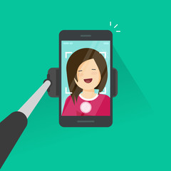 Selfie stick and smartphone making a photo of yourself vector illustration, flat cartoon young happy girl with mobile phone make self photo