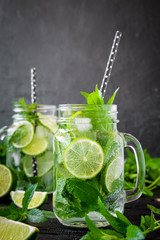 Mojito cocktail with lime and mint in highball glass on a black stone background Copy space