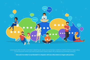 Naklejka premium Speech bubbles for comment and reply concept flat vector illustration of young people using mobile smartphone and tablets for texting and communicating on networks. Guys and women sitting on bubbles