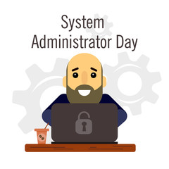 Day of the system administrator. Cartoon, funny picture man with a beard and bald head system administrator.