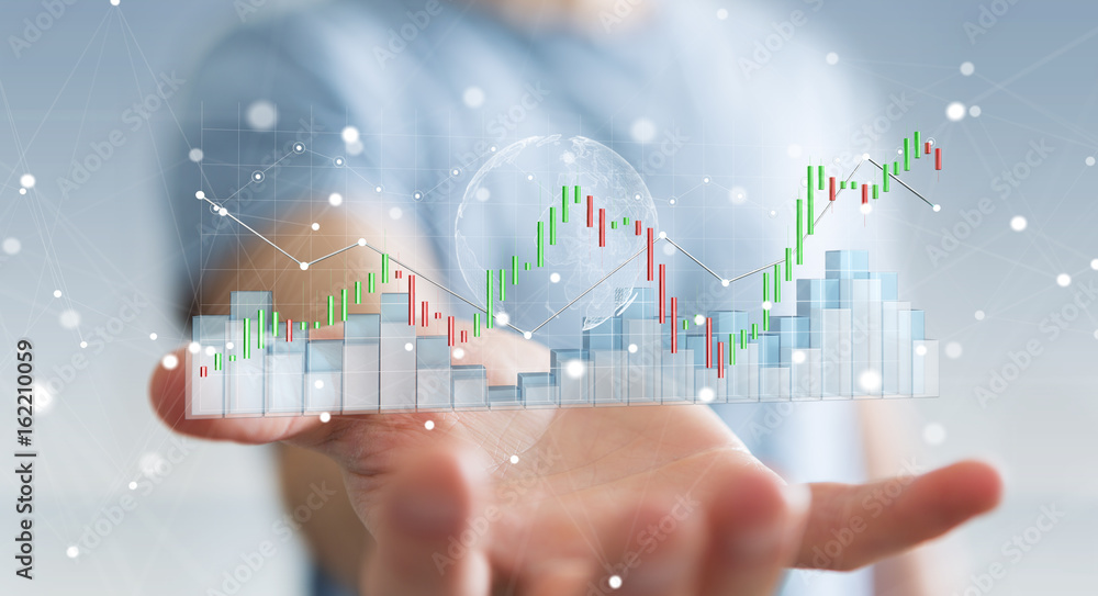 Poster businessman using digital 3d rendered stock exchange stats and charts