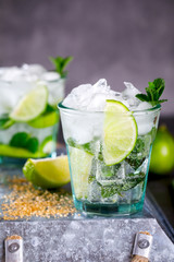 Mojito Cocktail.Mint, lime, ice ingredients for making  and bar utensils.Cold Drink.Top View.Copy space for Text.selective focus.
