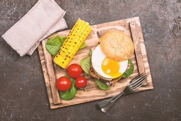 Homemmade Bacon Hamburger with fried Egg