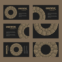 Business card set. Golden meander decorative elements. Greek design cards with greece ornament. Gift coupon or discount voucher. Vector illustration.