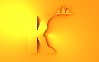 King logo. Royal luxury emblem. Face and crown icon. Business fantasy golden badge with K letter. 3D rendering