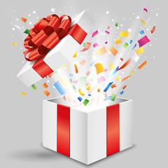 Opened gift box with shining light and confetti Vector