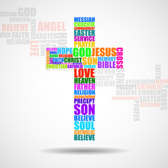 Cross of religious words. Christian Symbol. Vector