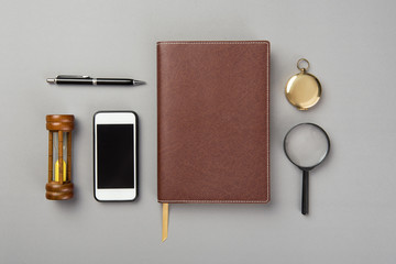 Top view work space on  gray background