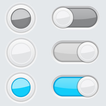 Set of round push buttons and toggle switch buttons. Blue and gray user interface elements