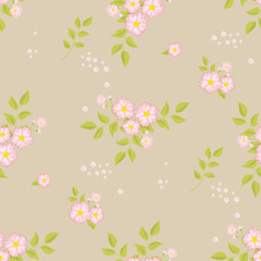 A drawing in a small pink flower on a dark background. Flower seamless pattern for textiles, fabric, cotton fabric, covers, wallpapers, print, gift wrapping and scrapbooking.