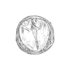 Streaming short mackerel in a basket , hand drawn sketch vector.