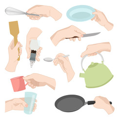 Fototapeta na wymiar Restaurant kitchen ware human hands cooking food home utensils graphic kitchenware utensils vector illustration