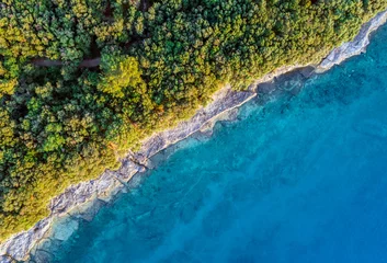 Papier Peint photo Photo aérienne Zone côtière avec eau bleue claire et forêt sur terre - vue aérienne prise par drone