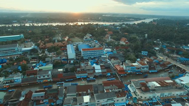 aerial view sunset sky of amphawa district in samut songkram most popular traveling destination in thailand