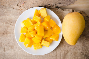 Sliced mango fruit on white dish ready to eating
