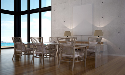The 3D rendering interior scene of loft dining room design and sea view
