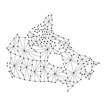 Canada map of polygonal mosaic lines network, rays and dots vector illustration.