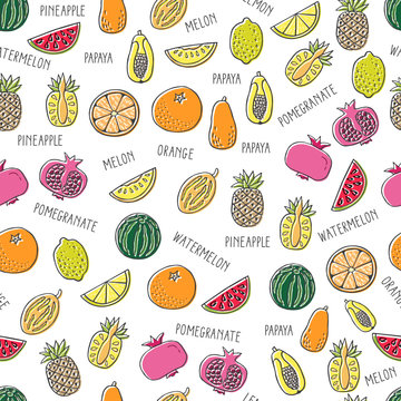 Seamless pattern with hand drawn exotic fruit on white background