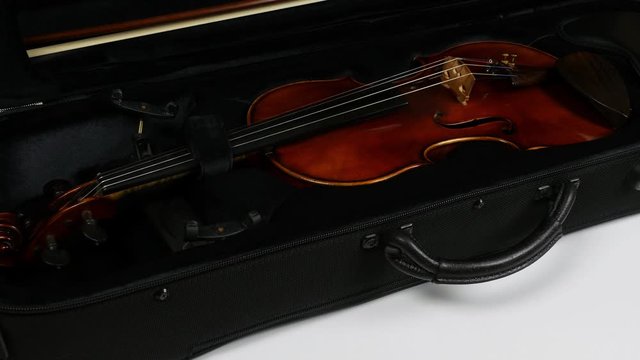Violin in a case. Opening the case with a violin