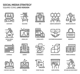 Social media strategy, square icon set