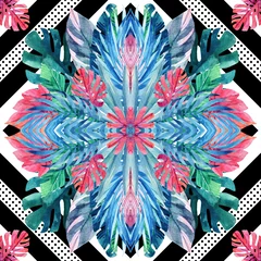 Zelfklevend Fotobehang Watercolor tropical leaves symmetric arrangement on geometrical background. © Tanya Syrytsyna