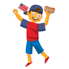 boy holding a hotdog and waving USA flag