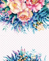 Fototapeta premium Watercolor flowers, leaves, berry, weeds arrangement.