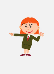 White businesswoman. Vector illustration isolated in a funny cartoon style. The character makes the OK gesture while pointing, smiling, at his side.