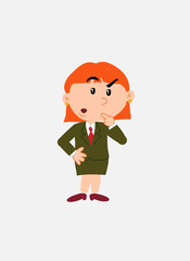 White businesswoman. Vector illustration isolated in a funny cartoon style. The character is doubting.