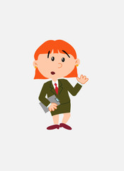 White businesswoman. Vector illustration isolated in a funny cartoon style. The character is surprised by something at his side; she has a document in her hand.