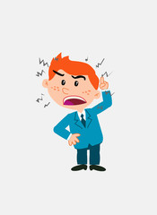 White businessman. Vector illustration isolated in a funny cartoon style. The character is angry while raising the finger, menacing.