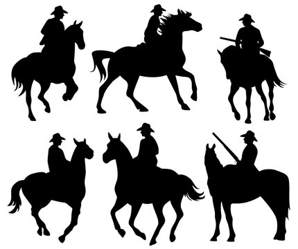 cowboy riding a horse - set of black vector silhouettes on white