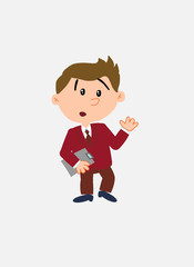 White businessman. Vector illustration isolated in a funny cartoon style. The character is surprised by something at his side; Has a document in his hand.