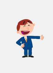 White businessman. Vector illustration isolated in a funny cartoon style. The character is happy, showing something to his side.