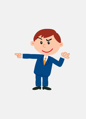 White businessman. Vector illustration isolated in a funny cartoon style. The character makes the OK gesture while pointing, smiling, at his side.