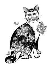 Folklore cat with flowers and butterfly tattoo.